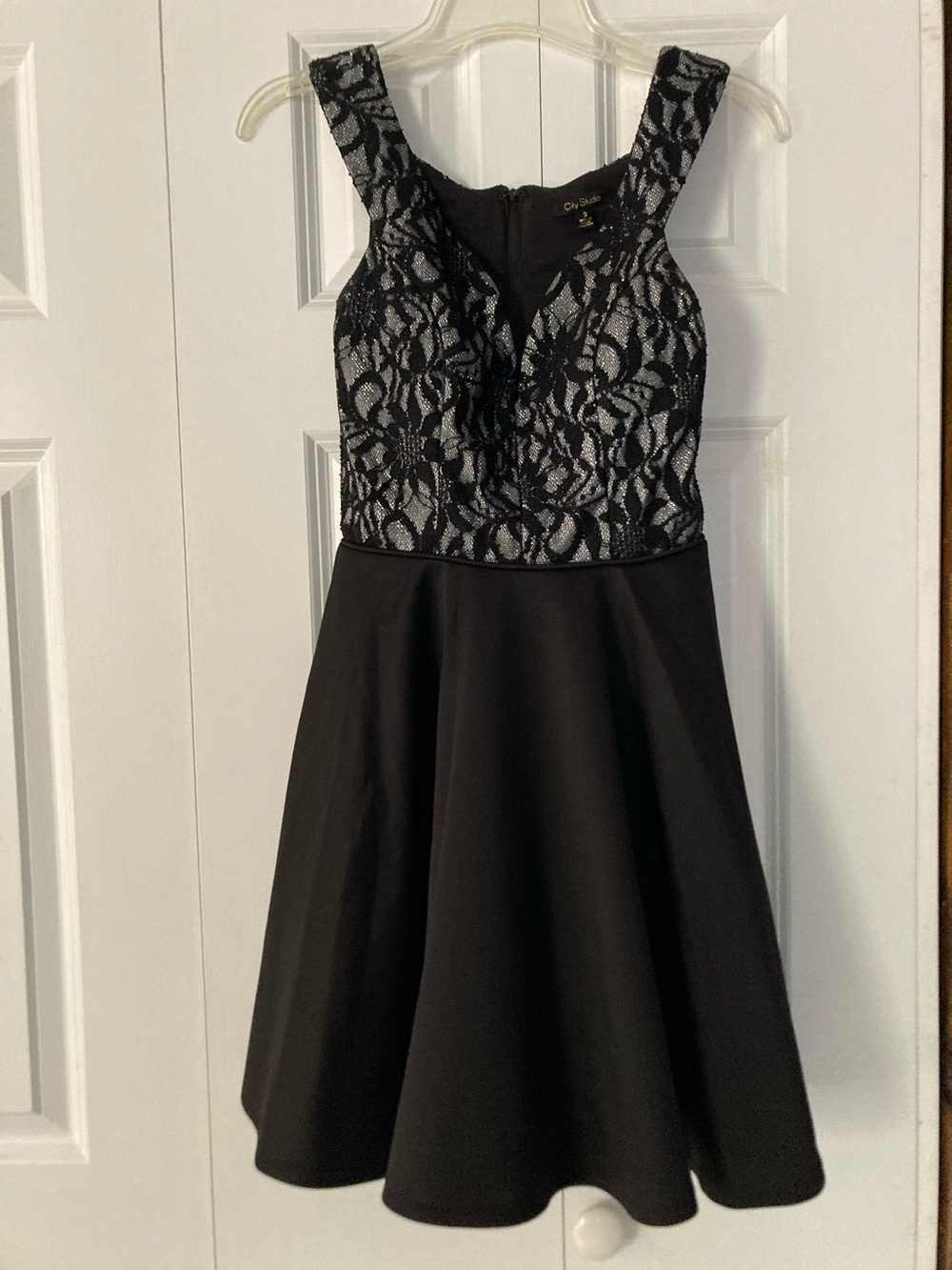 City Studio Black Lace-Overlay Fit & Flare Dress
